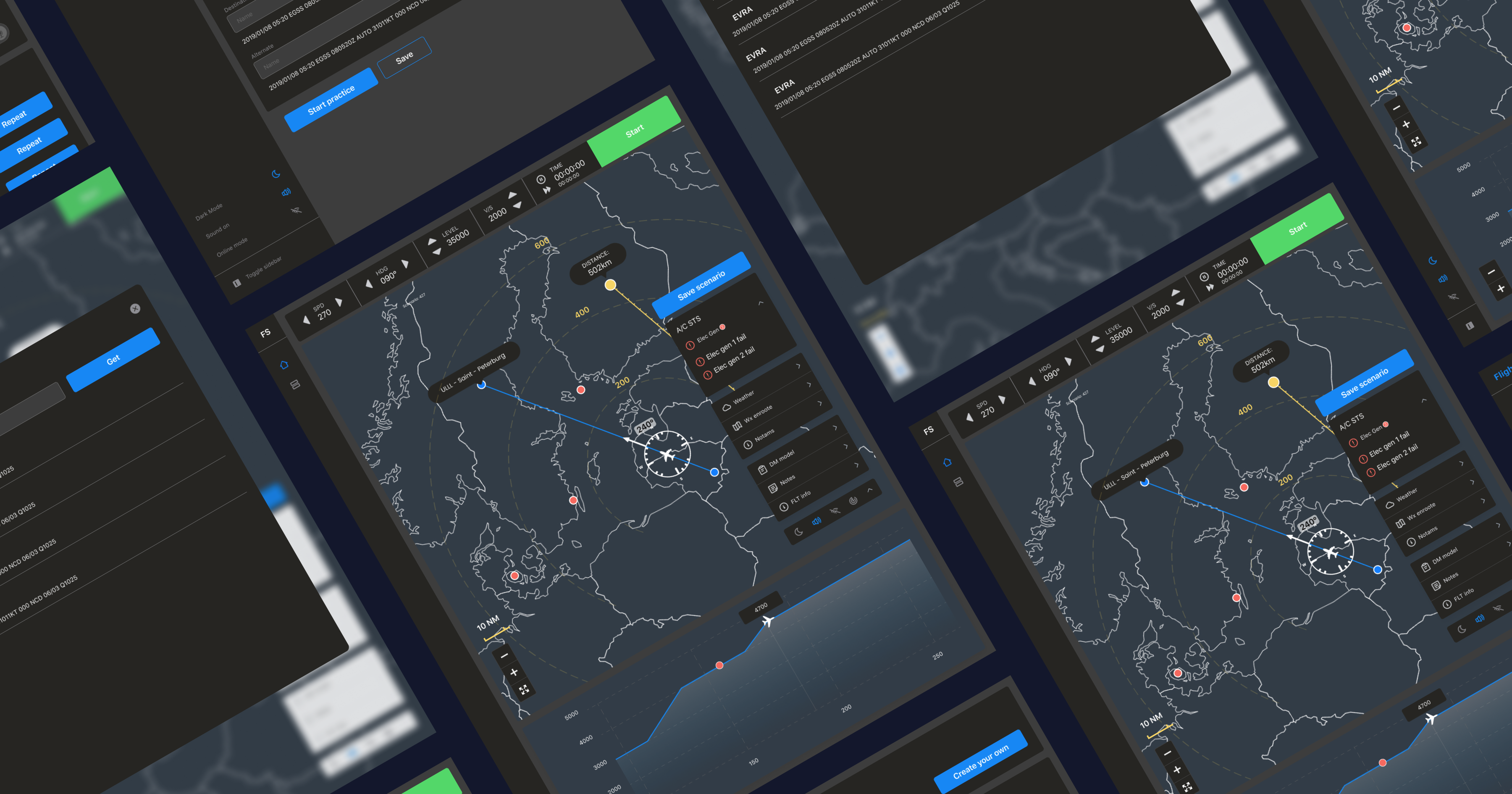 Desktop screens showcasing advanced features and user interface of a specialized Travel SaaS designed for training pilots, offering simulation scenarios and skill monitoring for enhanced aviation proficiency.