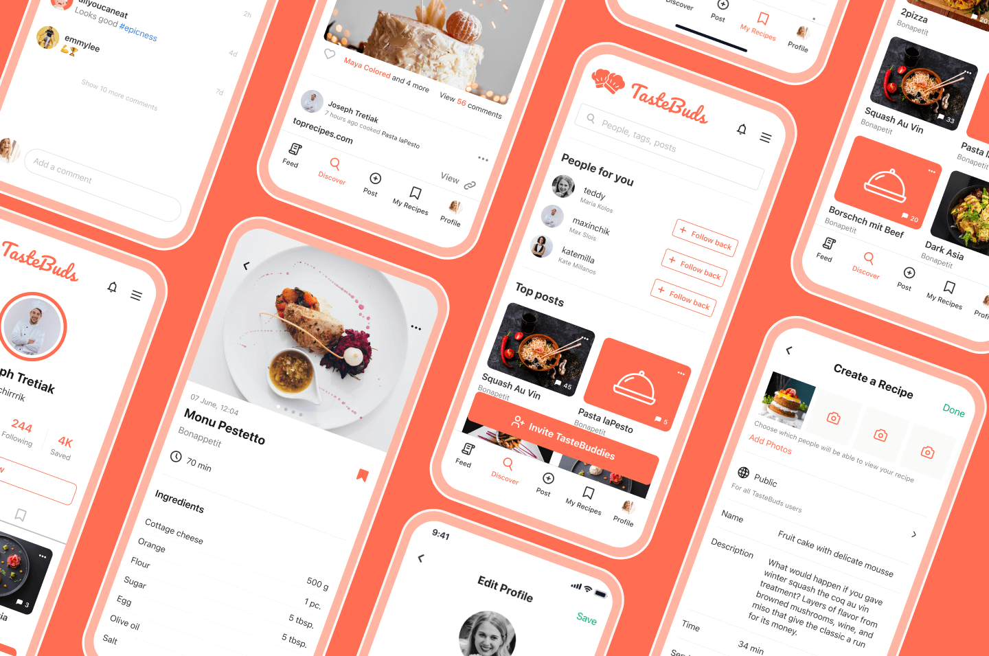 Screenshot of a user interface design for a culinary social media app, showcasing planning, design, development, testing, and ongoing maintenance phases in the Software Development Life Cycle (SDLC)